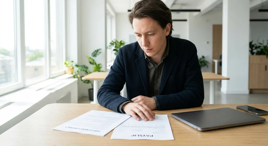 International tech professional reviewing an employment contract and payslip at a bright desk