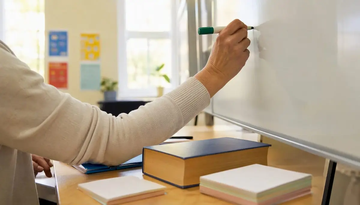 Writing hand in German language classroom