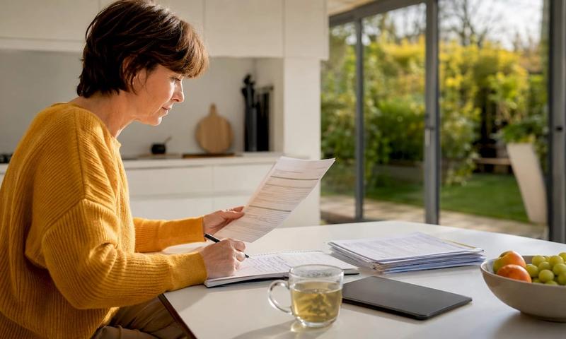 Woman reviewing insurance documents at desk