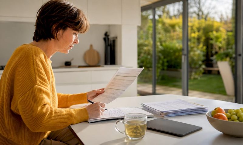 Woman reviewing insurance documents at desk
