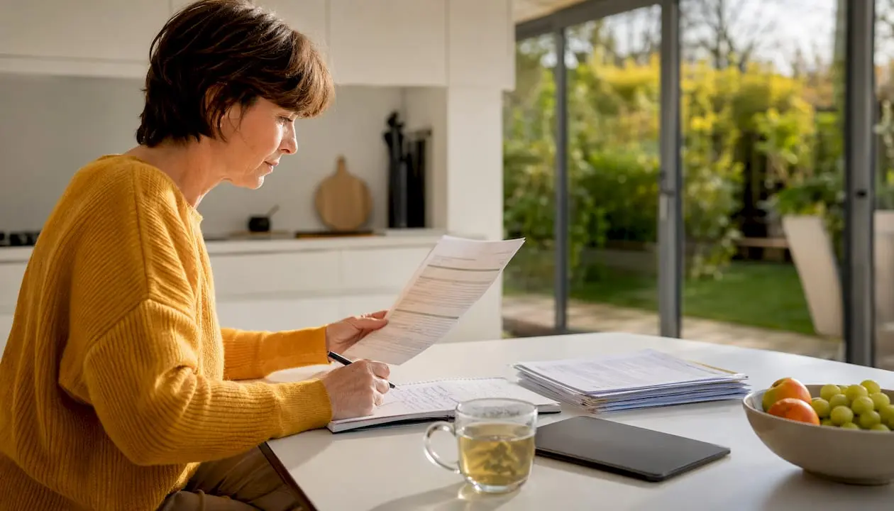 Woman reviewing insurance documents at desk