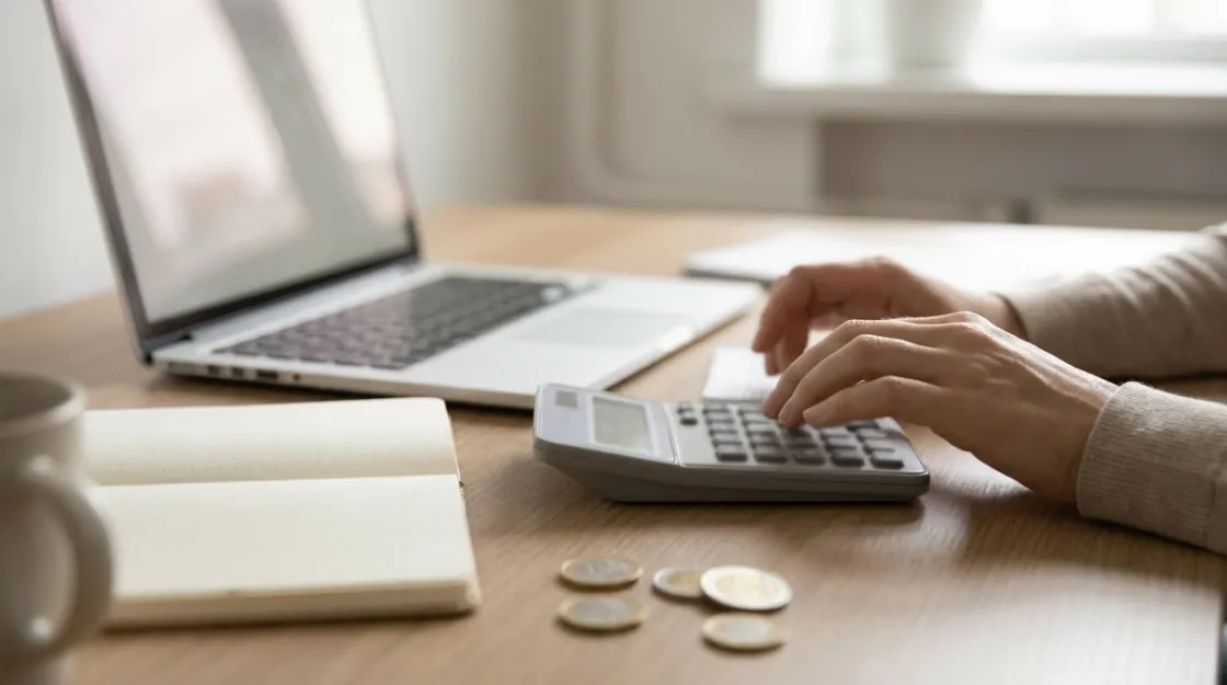 Hands using a calculator beside a laptop, notebook and euro coins