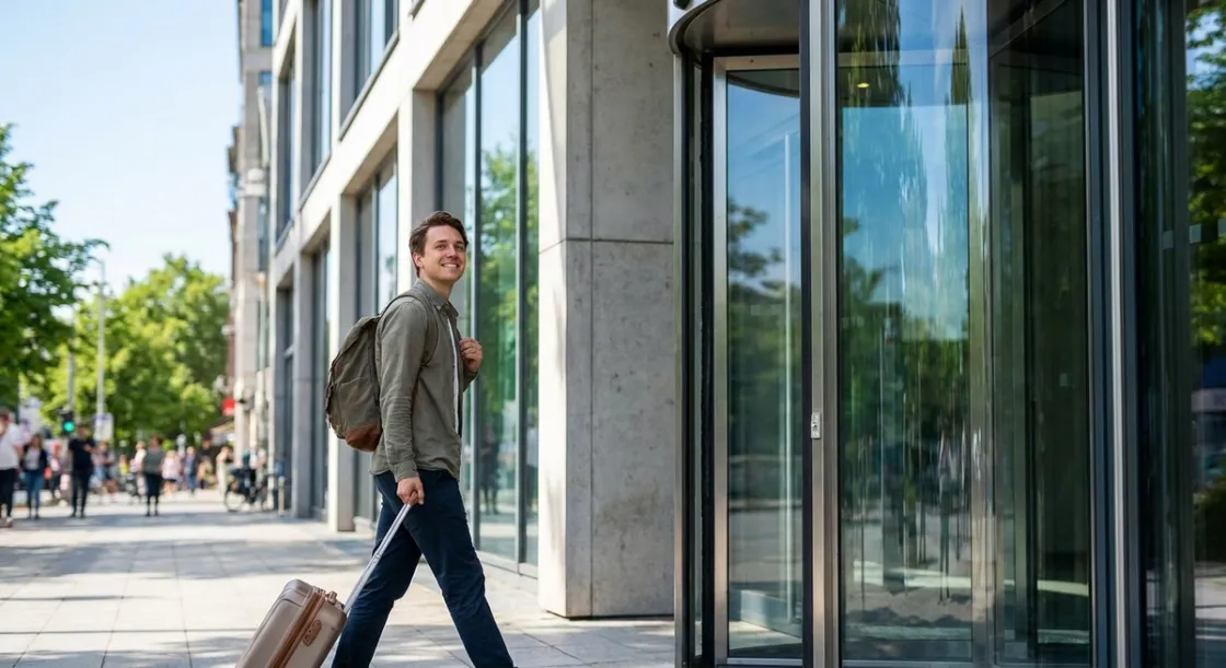 Recién llegado con una maleta llegando a un edificio de oficinas moderno en un día soleado