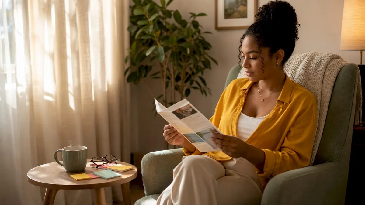 Woman reviewing private health insurance brochure at home