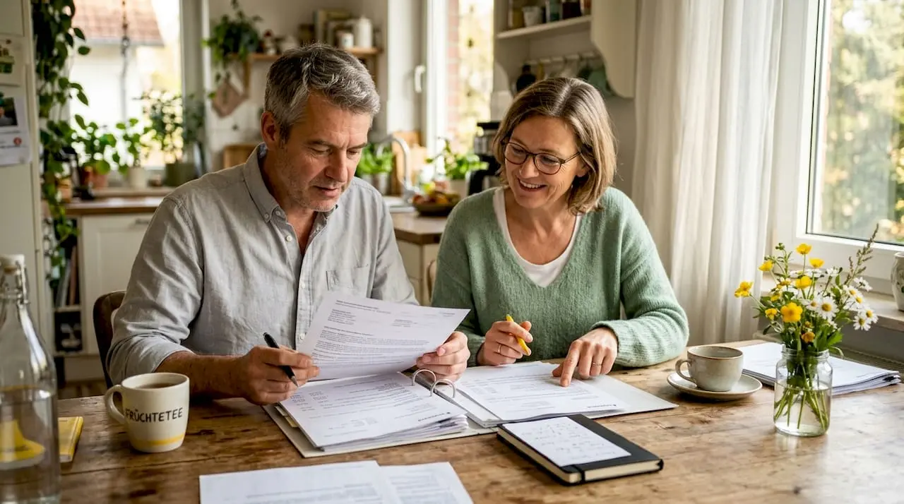 Couple reviewing private ambulance insurance documents
