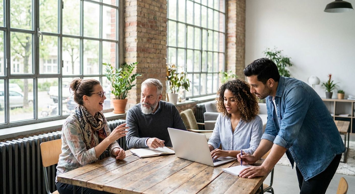 Four international professionals of different backgrounds in a bright Berlin co-working space