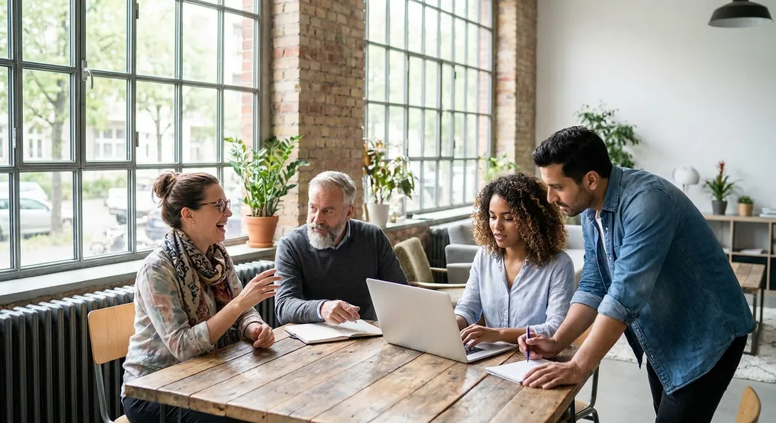Four international professionals of different backgrounds in a bright Berlin co-working space