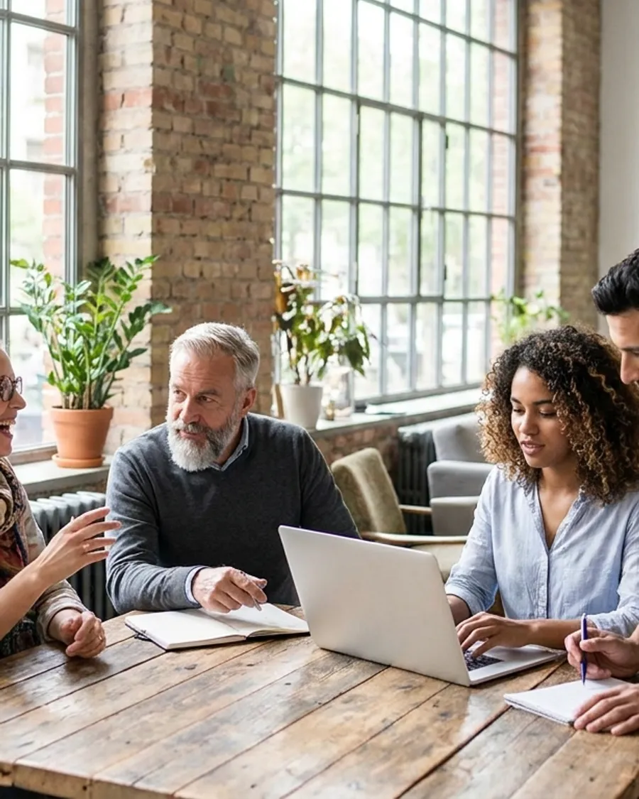 Cuatro profesionales internacionales de distintos orígenes en un espacio de coworking luminoso en Berlín