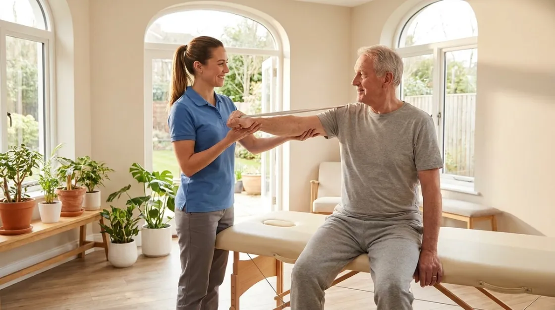Physiotherapist helping a patient in a bright rehabilitation room