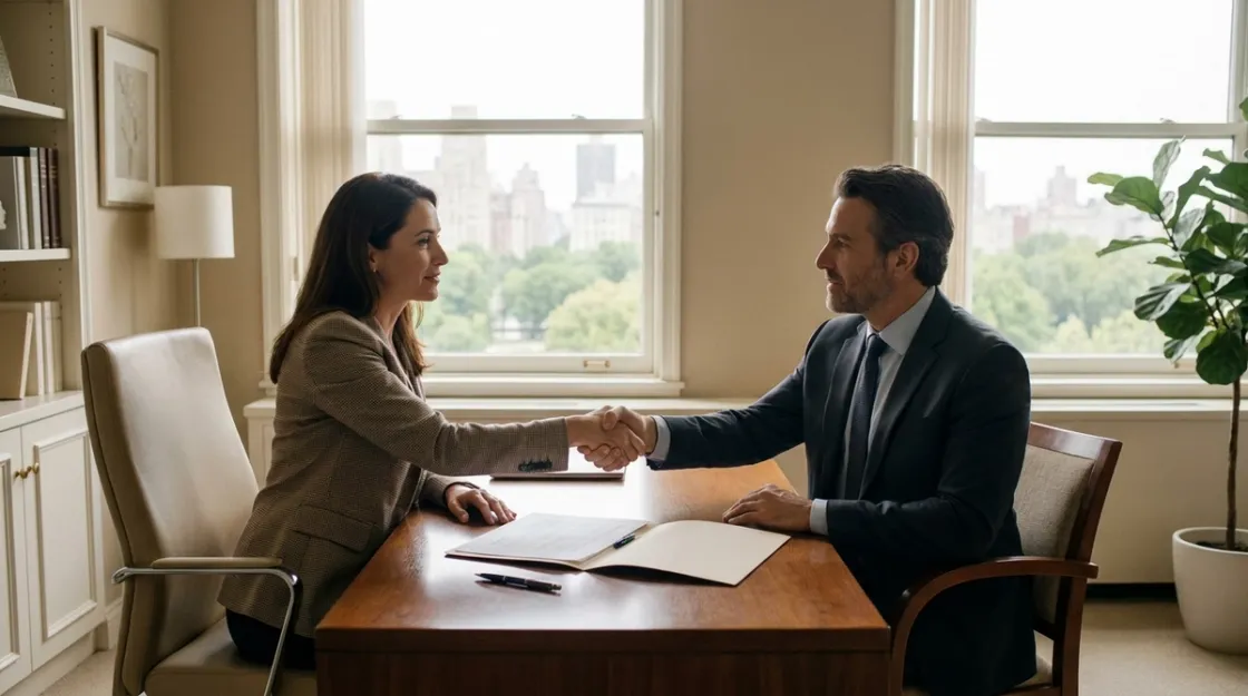 Advisor and client shaking hands over a signed document