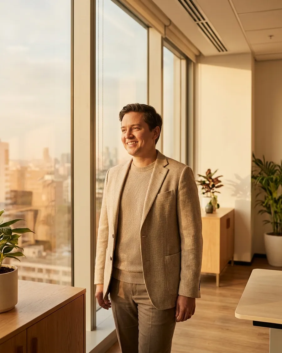 Confident professional standing in a bright modern office with a city view