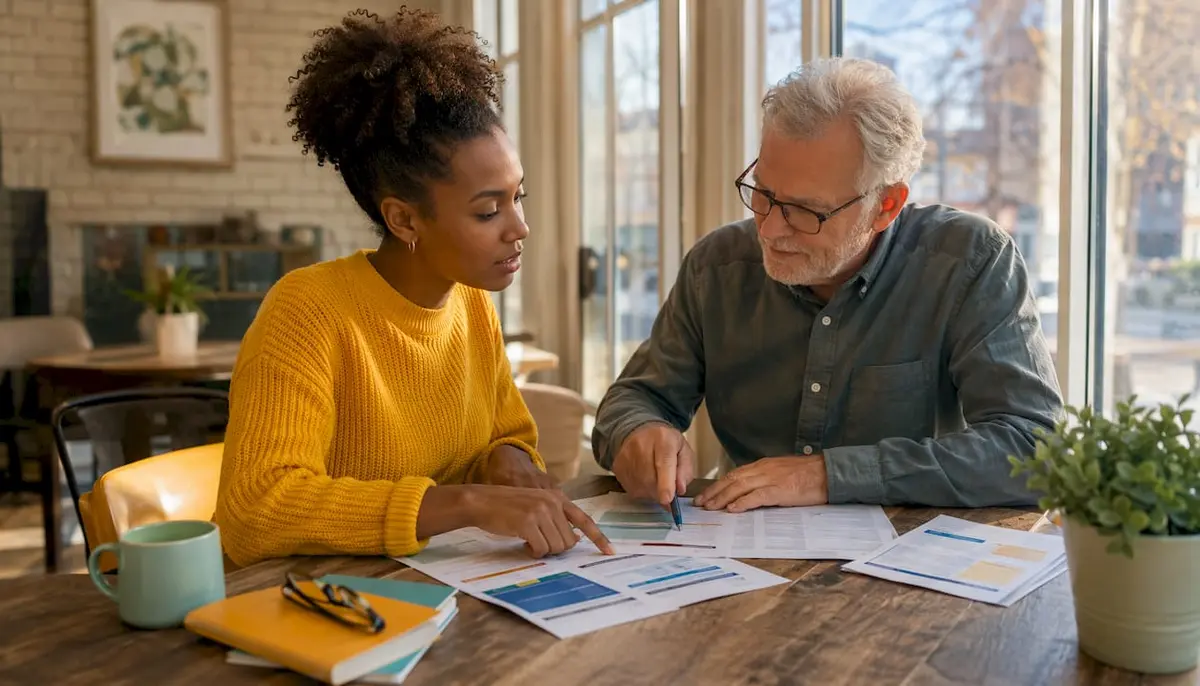 Two people discussing health insurance brochures at table