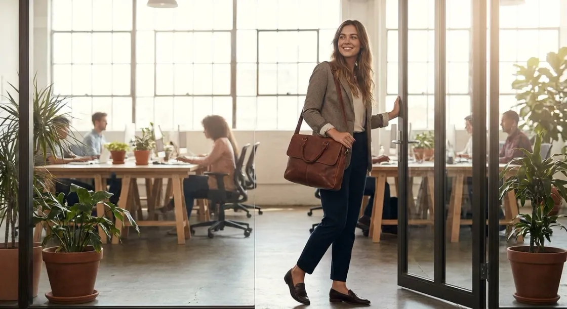 Recién graduado entrando en una oficina moderna para su primer empleo