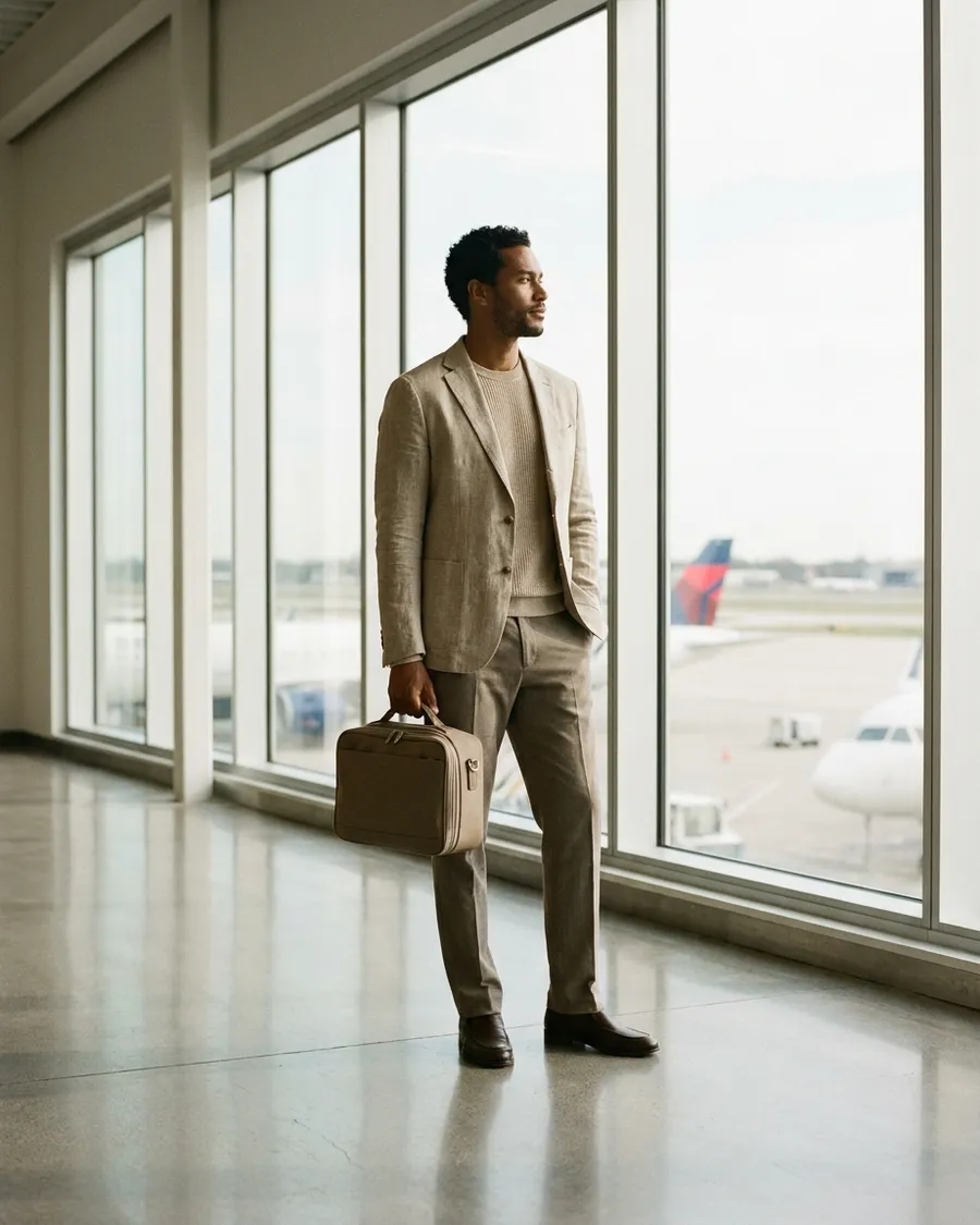 International professional with a carry-on looking out a large airport window