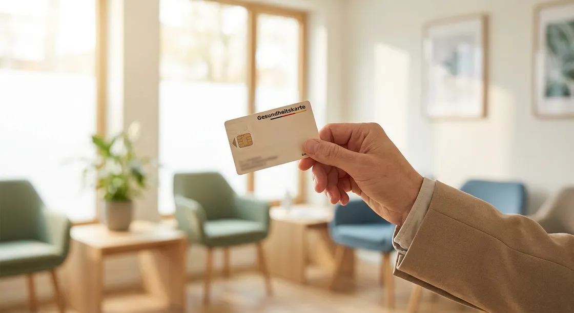Person holding a German health insurance card in a bright doctor's waiting room