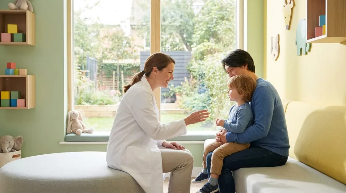 Pediatrician with a parent and young child in a cheerful bright clinic