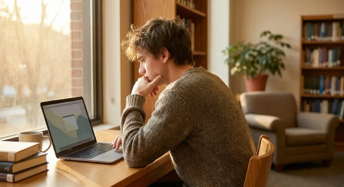 Estudiante reflexionando sobre una decisión frente a un portátil en una biblioteca