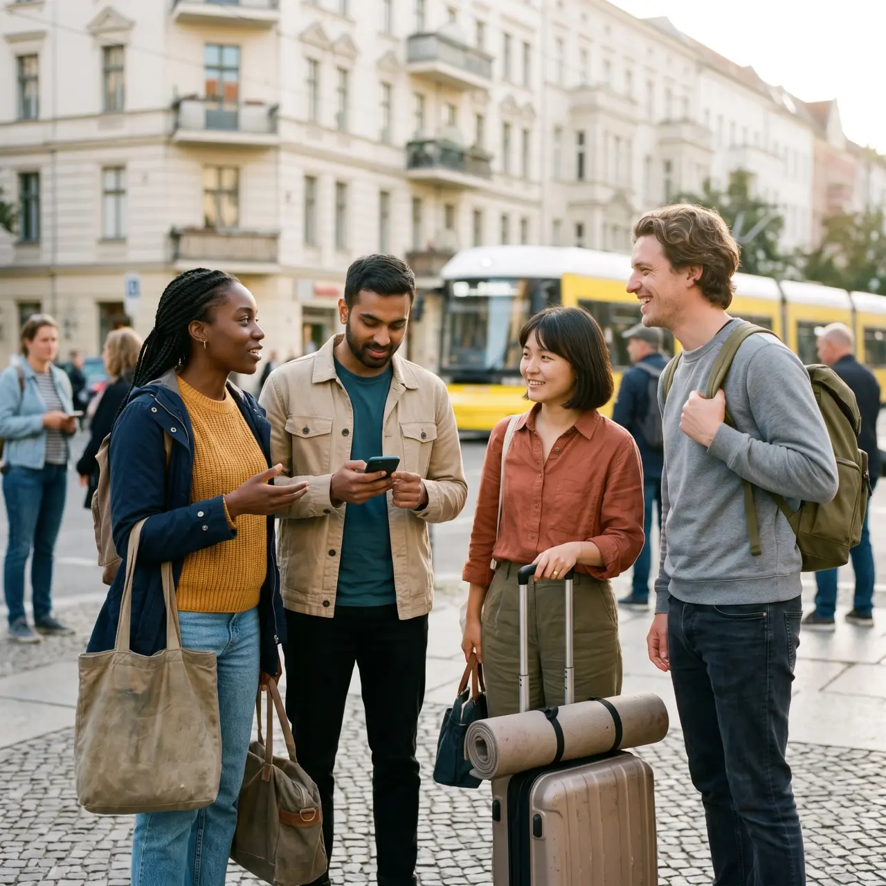 Four international newcomers chatting on a Berlin street with luggage, a yellow tram passing behind them