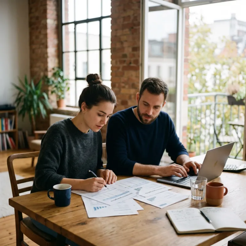 Young couple comparing printed insurance quotes and a laptop at a Berlin loft dining table