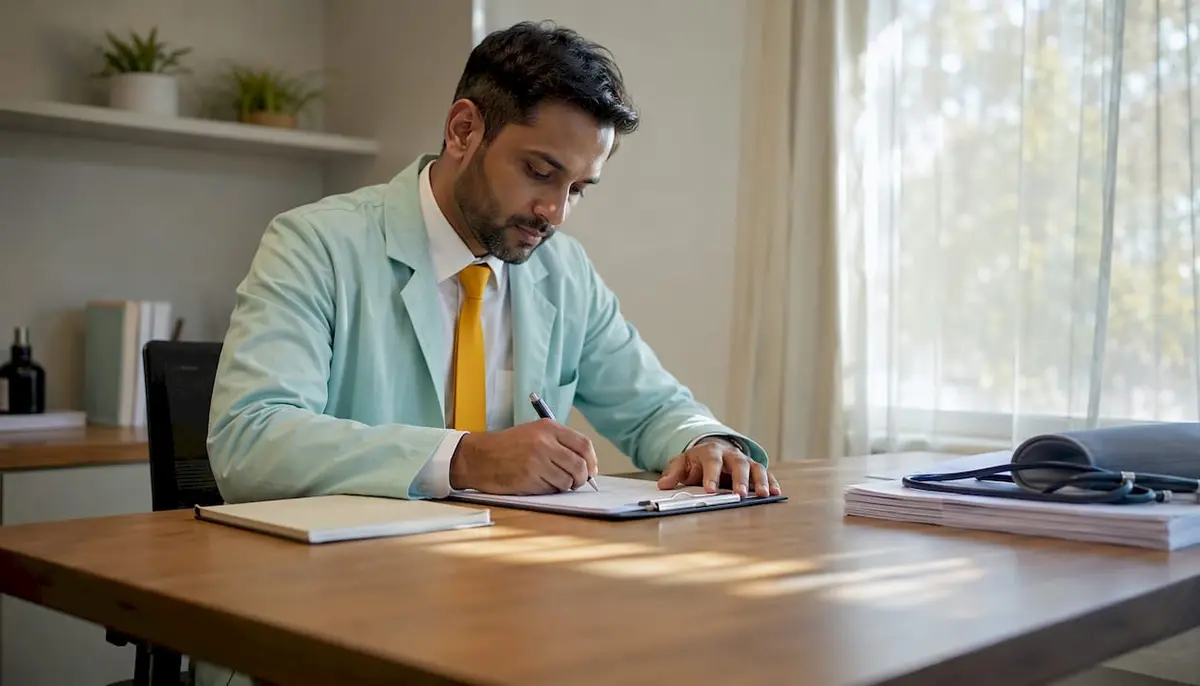 GP writing open referral note in clinic