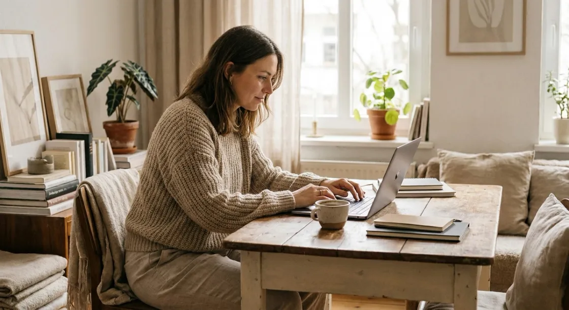 Freelancer autónomo trabajando con un portátil y un café en un espacio de trabajo luminoso en casa