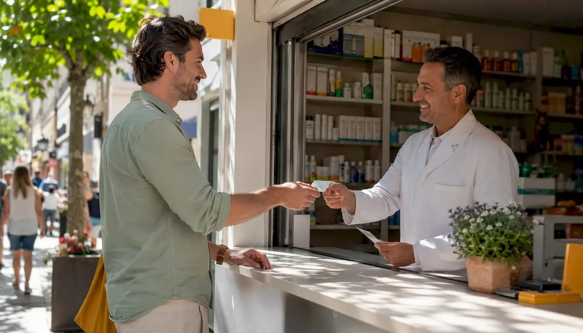 Man handing prescription and insurance card to pharmacist