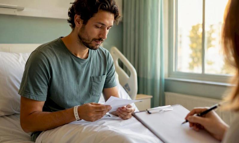 Hospital room detail showing patient documents and wristband