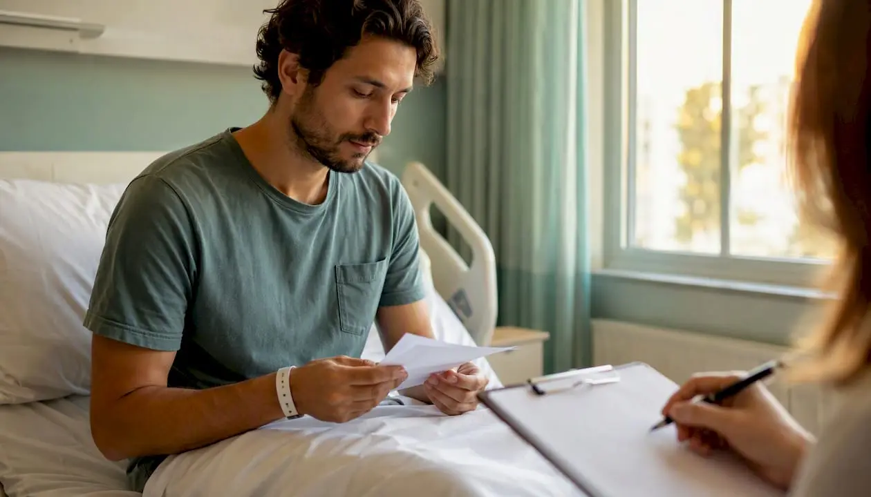 Hospital room detail showing patient documents and wristband