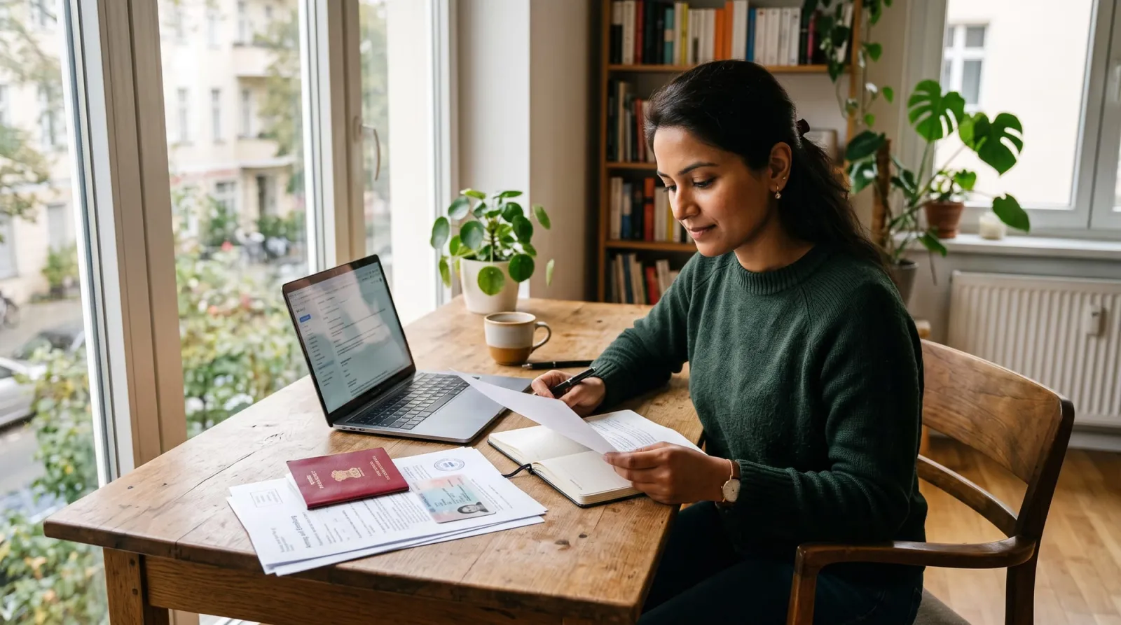 An international resident reviewing residence permit paperwork, passport and documents at a desk in a bright German apartment