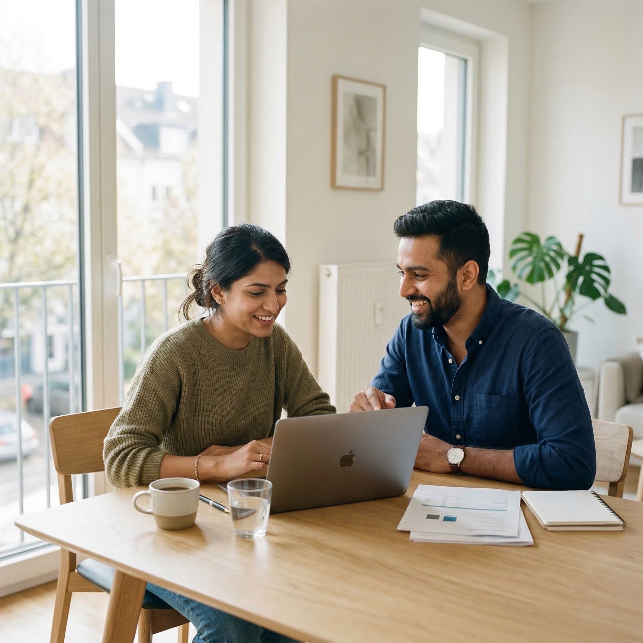 Couple comparing private health insurance offers on a laptop while planning the switch
