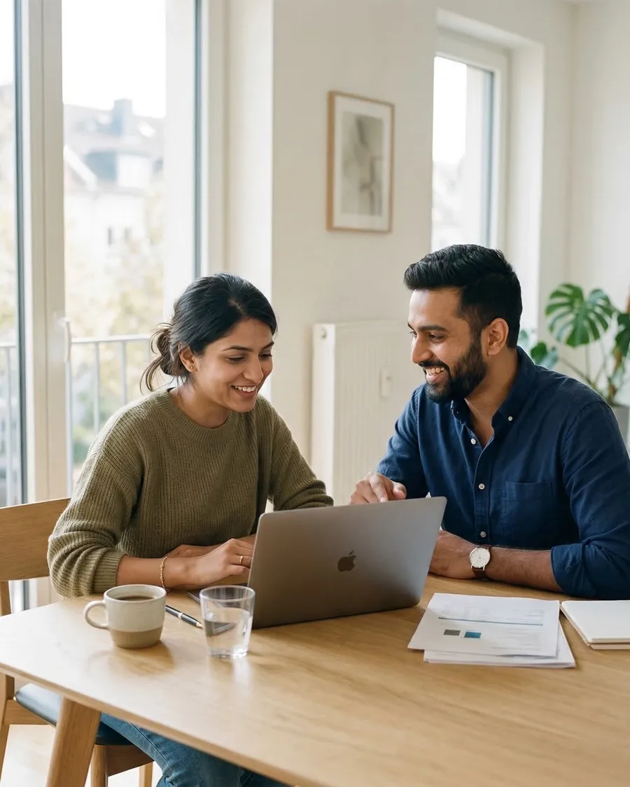 Couple comparing private health insurance offers on a laptop while planning the switch