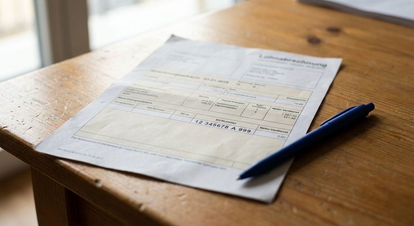 Photograph of a German payslip with the SV-Nummer (social insurance number) row highlighted