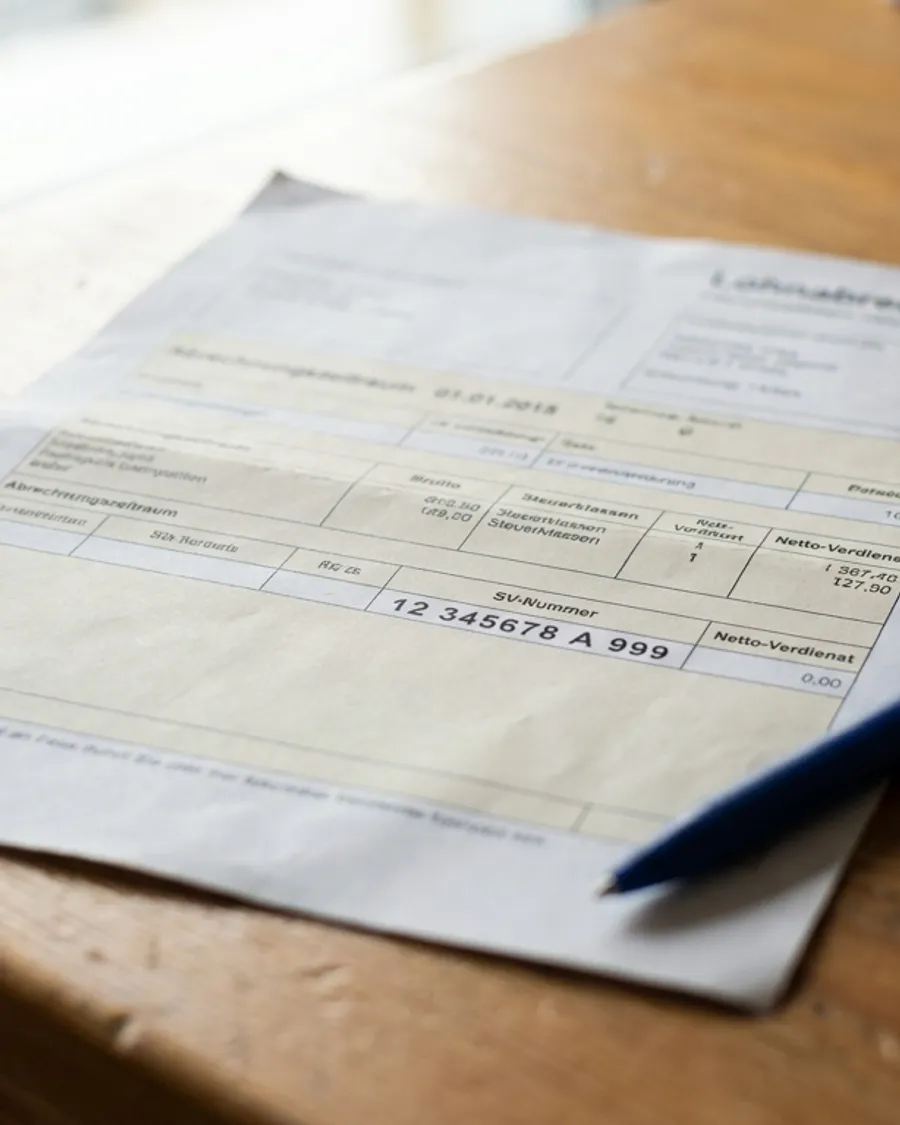 Photograph of a German payslip with the SV-Nummer (social insurance number) row highlighted