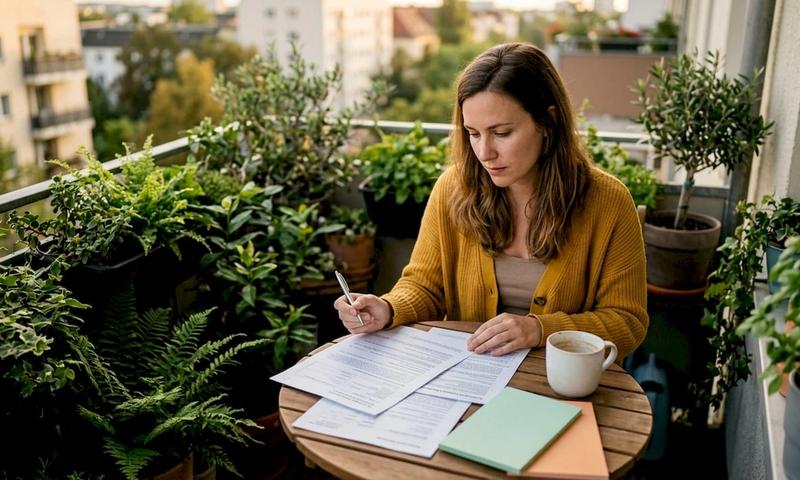 Expat woman reviewing insurance tax documents