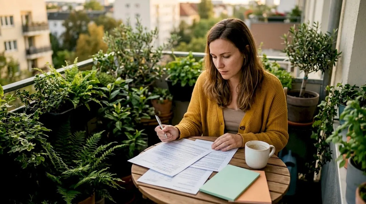 Expat woman reviewing insurance tax documents