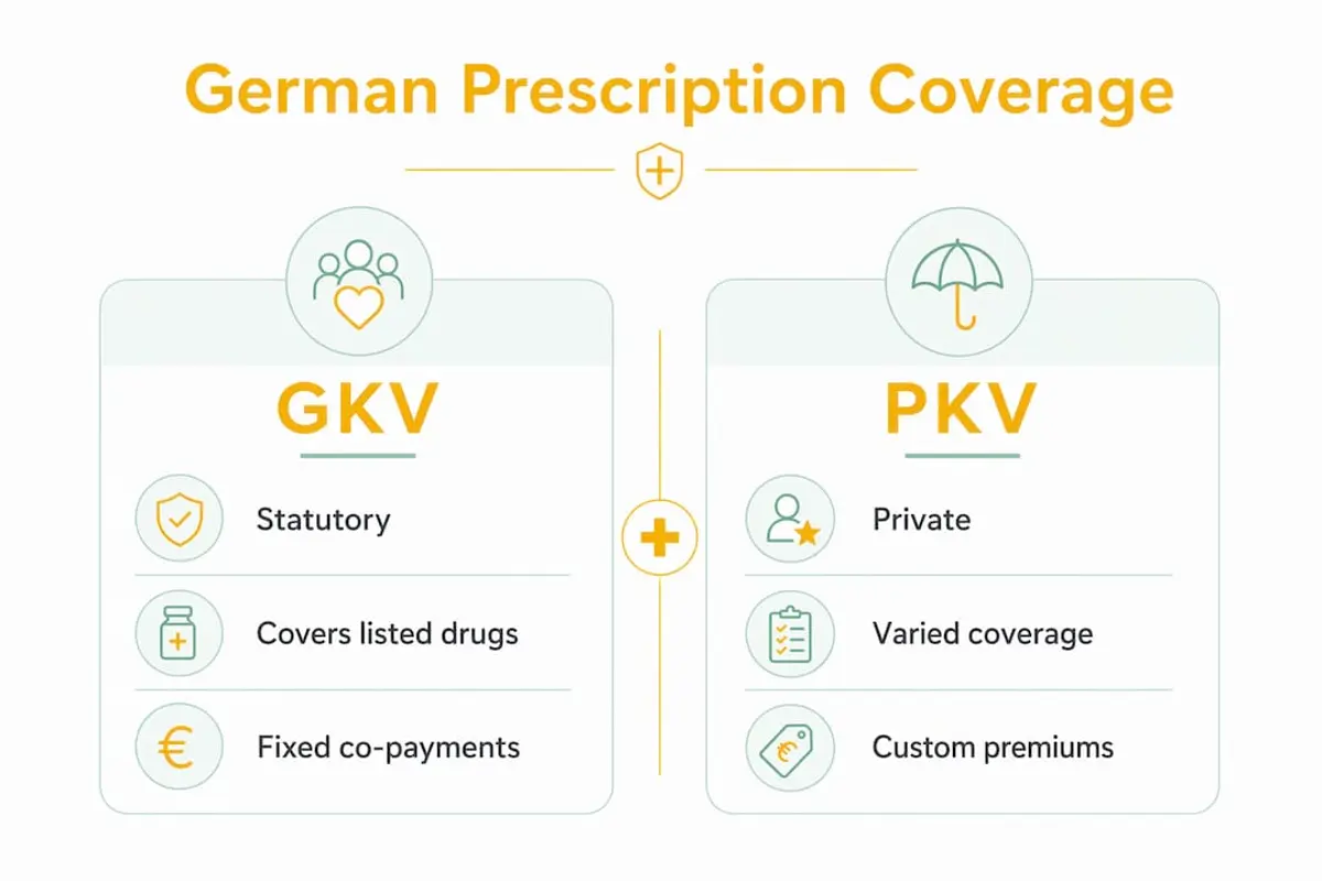 Infographic comparing statutory and private prescription coverage in Germany