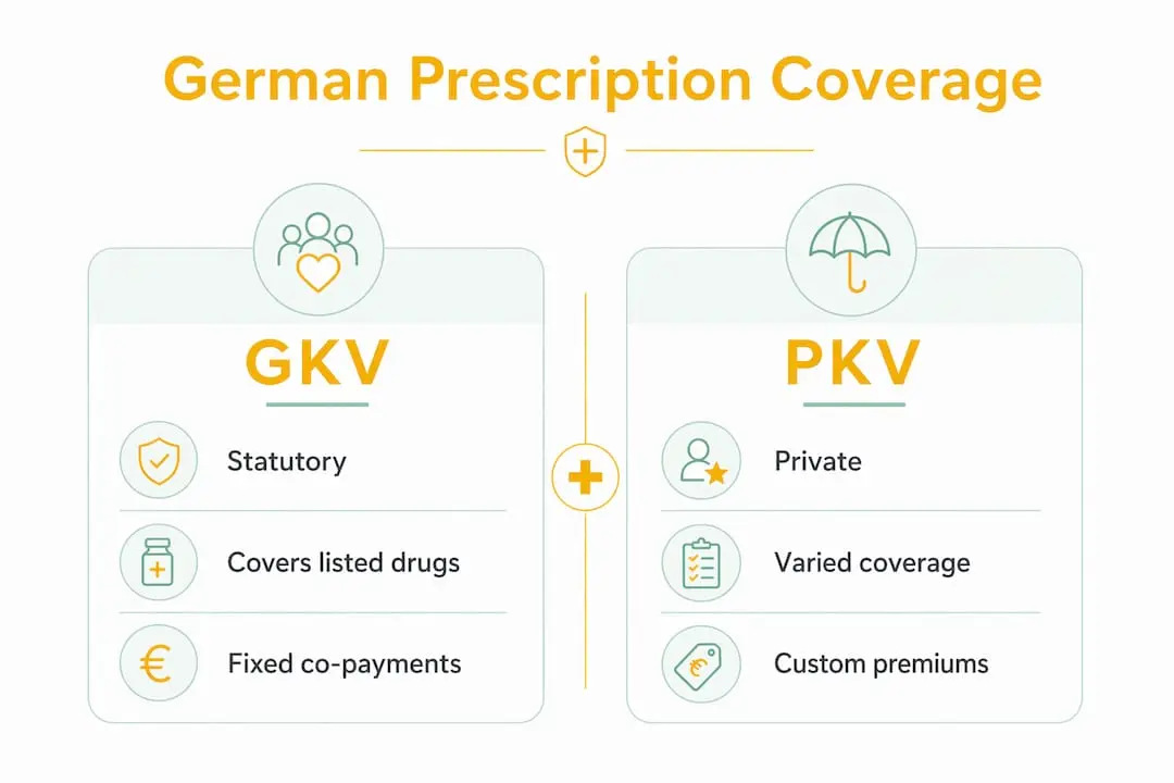 Infographic comparing statutory and private prescription coverage in Germany