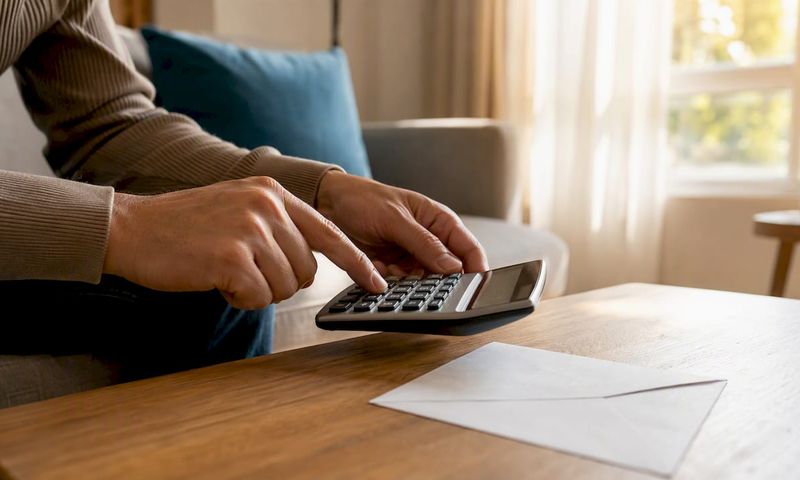 Hands using calculator near envelope on desk