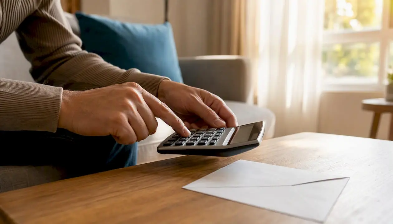 Hands using calculator near envelope on desk