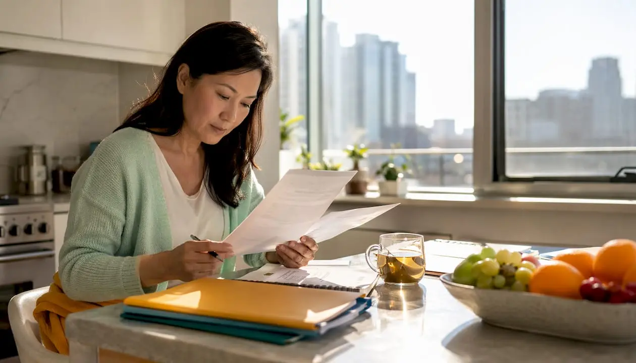 Woman reviewing health insurance paperwork