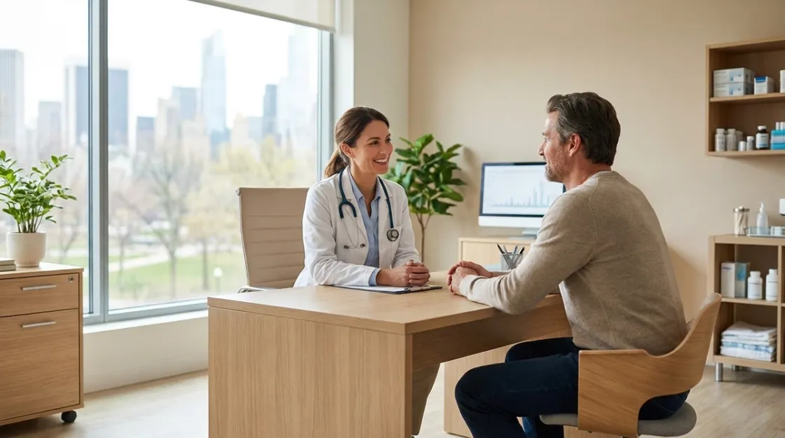 Doctor consulting a relaxed patient in a bright modern clinic