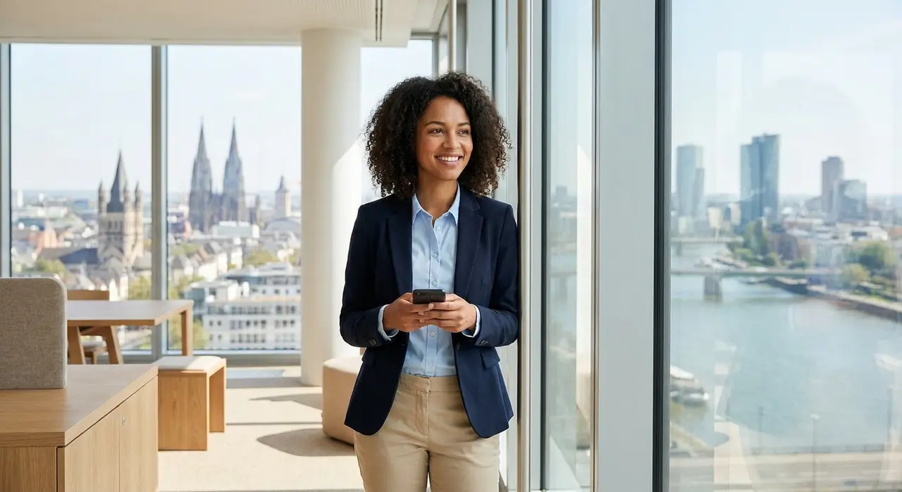 Smiling international professional in a navy blazer holding a phone in a bright high-rise office overlooking Cologne cathedral and the Rhine
