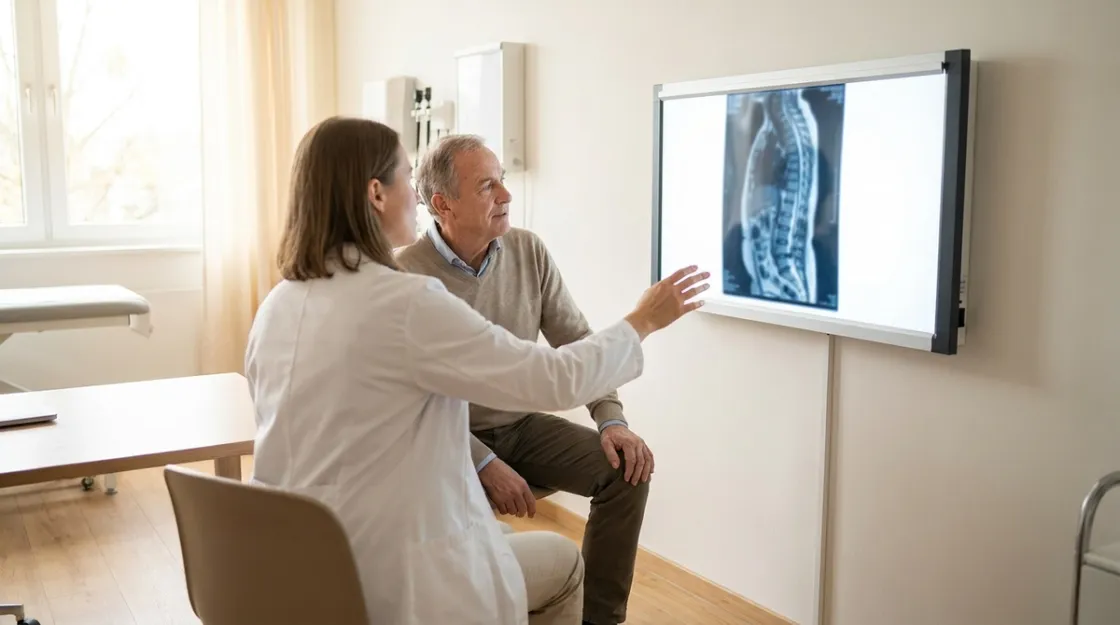 Doctor reviewing a medical scan on a screen with a patient