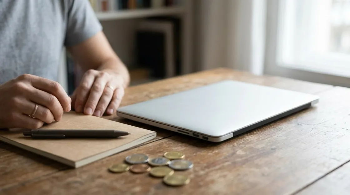 Laptop, notebook, pen and euro coins on a desk, long-term planning