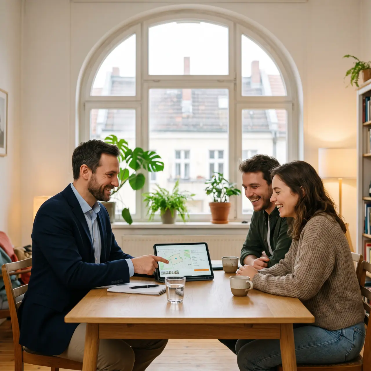 Insurance advisor showing a tablet to a young couple in a sunlit Berlin Altbau apartment