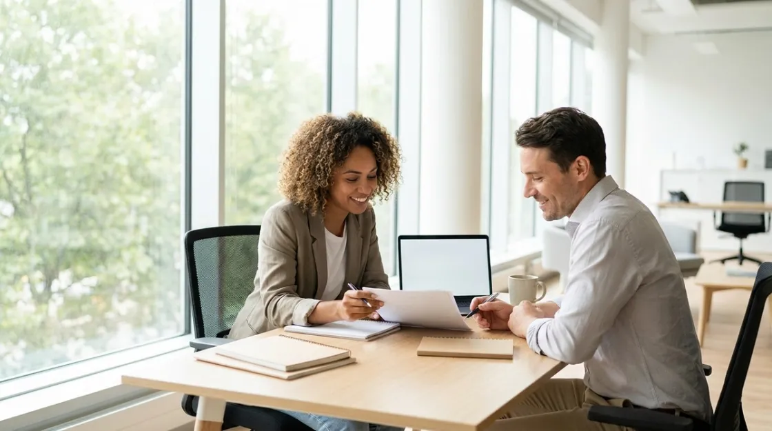 Two people reviewing paperwork and smiling across a desk