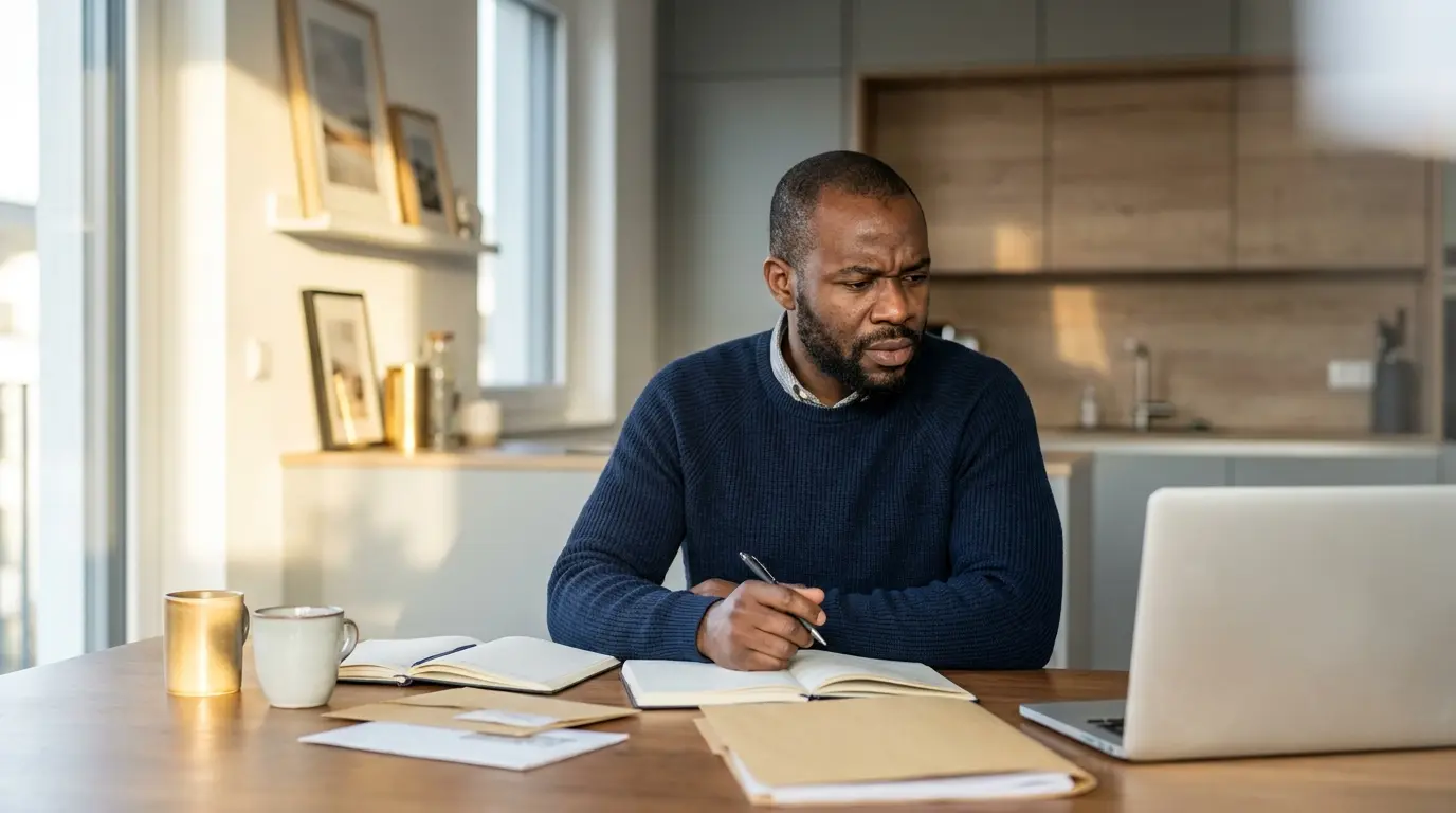An international professional reviewing rising household bills and health insurance costs at home in Germany