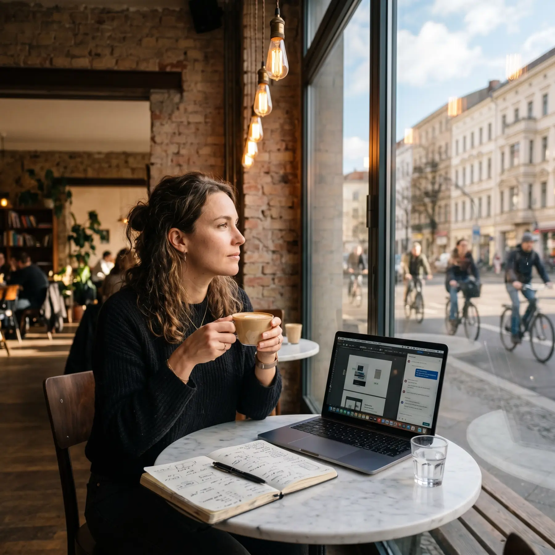 Freelancer at a Berlin cafe window with a flat white and her MacBook, watching cyclists pass