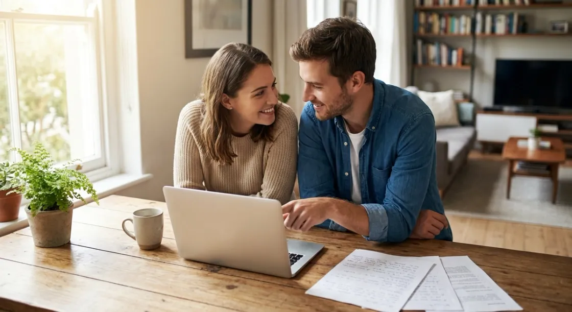 Young professional couple comparing health insurance options on a laptop at home