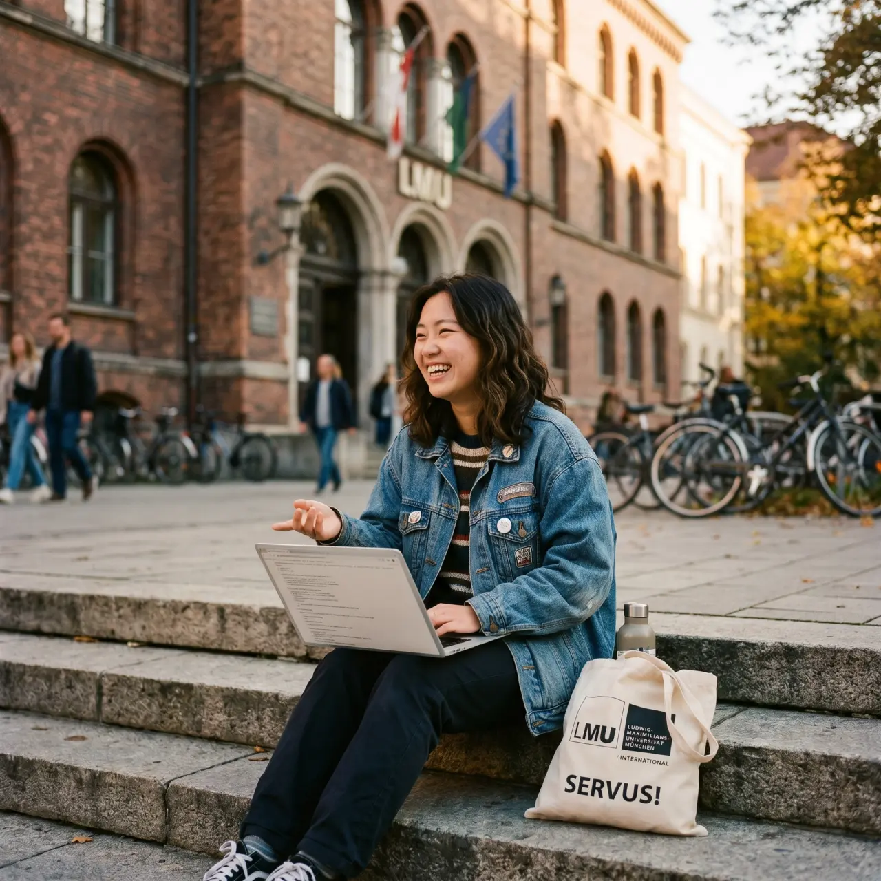 International student laughing on the steps of LMU Munich with her laptop